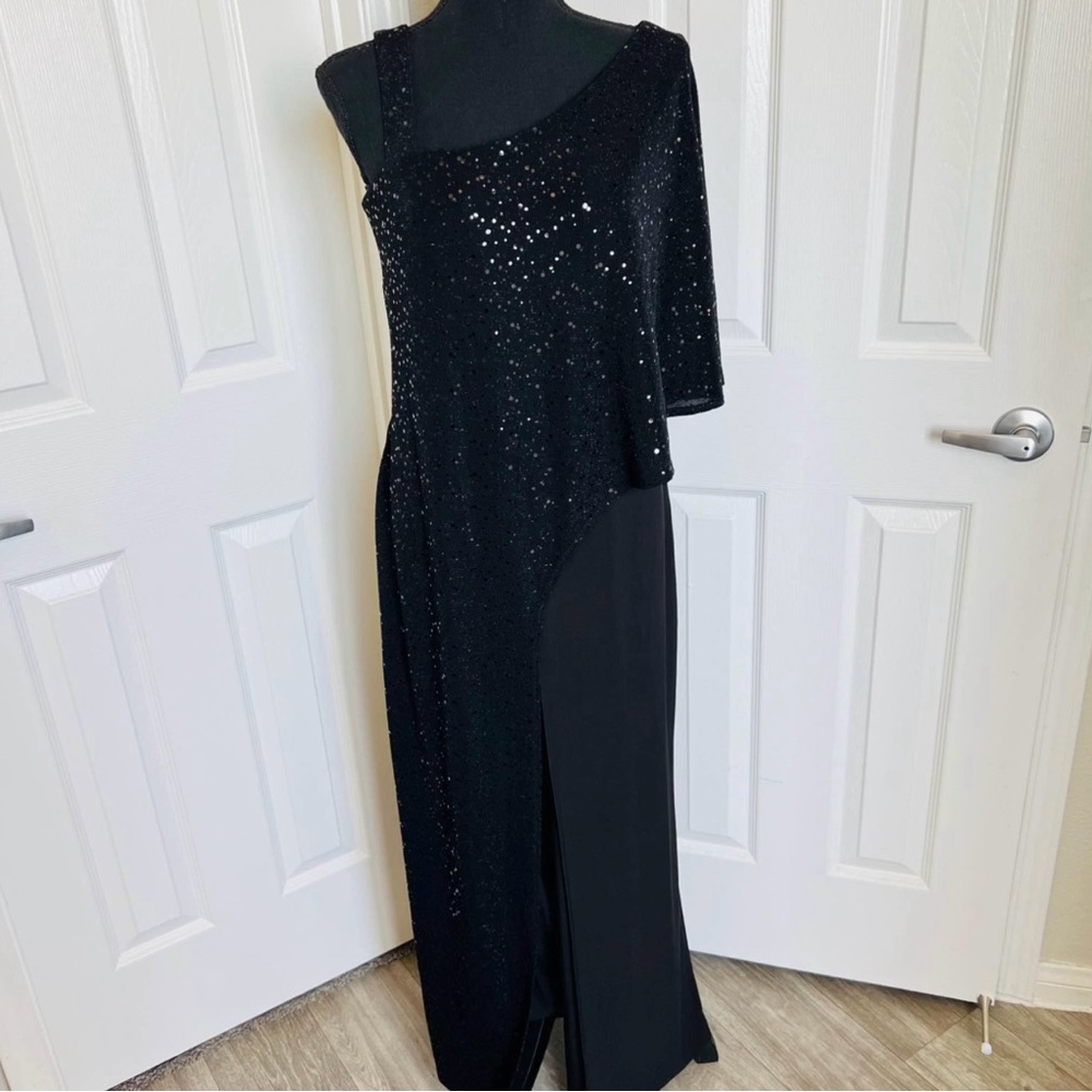 📸 R&M Richard’s Black Sequined Asymmetrical Gown w Hidden Pants Size 12